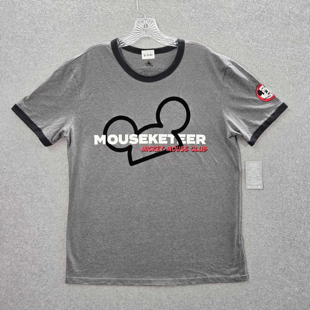 Disney Men Shirt Medium Gray Mickey Mouse Club Mouseketeer Ringer Logo Tee NWT